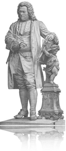 Das Bild ist der Stahlstich vom Denkmal von Johann Sebastian Bach in Eisenach. Es ist freigestellt, hat einen Spiegel, ist schwarz-weiß.
