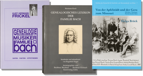 Drei Genealogie-Bücher sind leicht übereinander versetzt nebeneinander vor weißem Hintergrund. Die Bücher spiegeln sich auf dem weißen Untergrund. Alle drei Bücher betreffen die Bach-Genealogie.