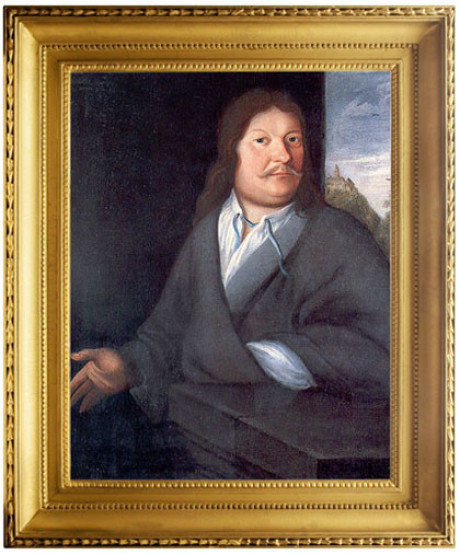 In einem goldenen Rahmen sieht man einen Mann um 1700 auf einem Ölbild. Er schaut zum Betrachter, es ist Johann Ambrosius Bach. Er lehnt mit einem Arm auf einem Holzstich. Im Hintergrund sieht man durch das Fenster die Wartburg in Eisenach.