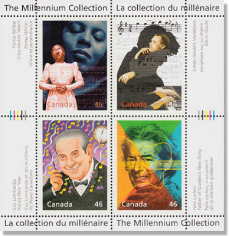 4 Maken auf einem Block, aber auf keiner Briefmarke sieht man Johann Sebastian Bach - nur auf der oberen rechten sind Noten von ihm im Hintergrund.