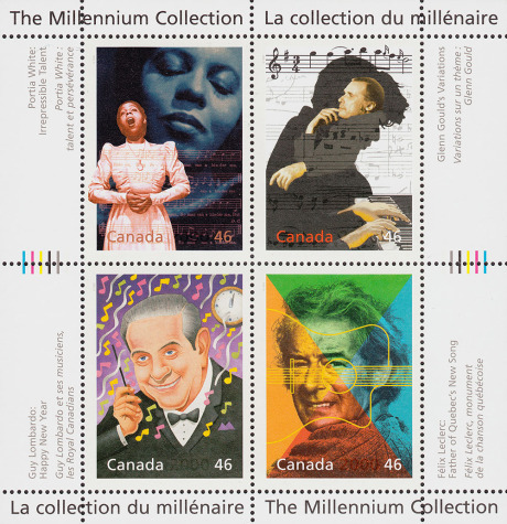 4 Maken auf einem Block, aber auf keiner Briefmarke sieht man Johann Sebastian Bach - nur auf der oberen rechten sind Noten von ihm im Hintergrund.