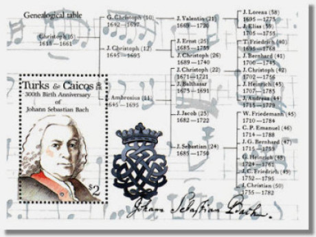 Auf der großen weißen Breifmarke ist links das Portrait von Johann Sebastian Bach. Dazu gehören 4 Hochformate mit Instrumenten.
