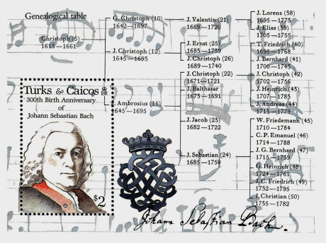 Auf der großen weißen Breifmarke ist links das Portrait von Johann Sebastian Bach. Dazu gehören 4 Hochformate mit Instrumenten.