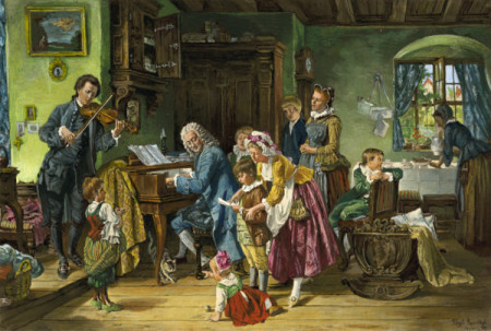 Man sieht das farbige berühmte BIld von Tobi E. Rosenthal: Morgenandacht. Die Familie Bach schart sich Johann Sebastian Bach, der am Klavier sitzt.