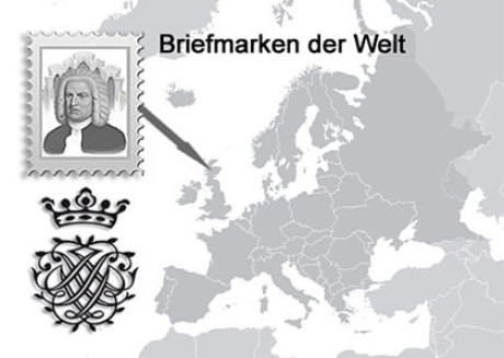 Im Bild sieht am eine Karte. Land ist grau, das Wasser weiß. Dazu die stilisierte Briefmarke mit Bach Portrait in grau. Dann ist da das grafische Bach Siegel. Ein Pfeil zeigt nach Schottland.