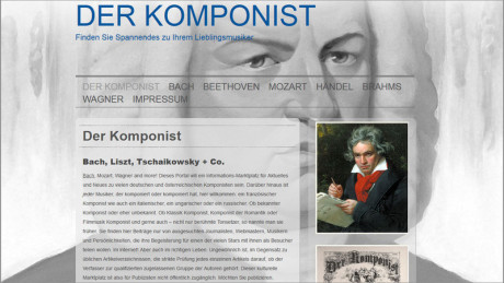 Man sieht das Titel Design einer neuen Homepage mit der Zeichnung von Bach, allerdings schwarz/weiß im Hintergrund In der Bildmitte ist ein farbiges Bild von Beethoven. Dabei eine historische Zeitung.