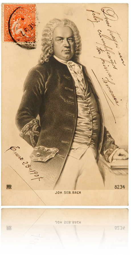 Historische Bach Postkarte zur Biographie von 1902. In schwarz-weiß, aber vergilbt. Man sieht Bach bis zu den Oberschenkeln, geschriebener Text ist vorne, auch das Datum und eine Briefmarke.