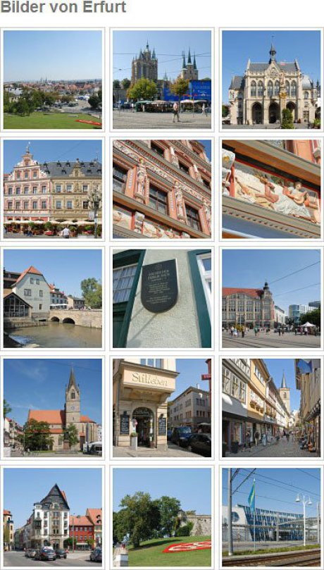 Im Bild sind 15 farbige Fotos von Erfurt angeordnet. Alle haben einen kleinen weißen Rand mit schwarzer Umfassung. Die Überschrift heißt "Bilder von Erfurt".