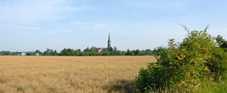 Im Foto sieht man Wechmar, eigentlich nur den Kirchturm von Ferne. fotografiert ist aus einem Kornfeld, rechts eine Hecke. Die Entfernung ist sehr weit. Der Himmel ist diesig, die Sonne scheint.