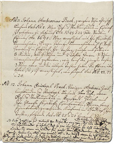 Das Bild zeigt die sechste Seite des Ursprung der musicalisch-Bachischen Familie. Alles ist in Handschrift auf vergilbtem Papier mit ausgefransten Dokumentenrändern.