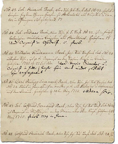Im Foto sieht man Seite 16 des Ursprung der musicalisch Bachischen Familie von Bach geordnet 1735 und von seiner Enkelin kopiert. Sein Sohn addierte Stellen, das ganze von No. 43 bis No. 48.