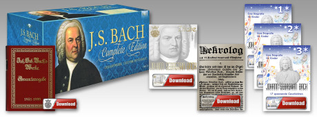 Eine Collage auf weißem Grund schwebend besteht aus 3 Anteilen: Einer CD-Box in blau mit dem Titel "J.S. Bach Complete Edition", einem Download-Button in rot/weiß und einem historischen Buch in rot und gold: Bach-Gesamtausgabe.