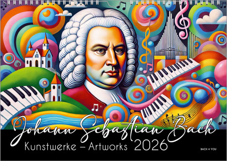 12 Bach-Denkmale sind auf einem Bach-Kalender abgebildet. Unten ist der Kalender-Titel.