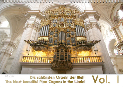 Das Orgelkalender-Deckblatt: Man sieht oben eine brarocke goldene Orgel inmitten weißem barocken Stuck. Die unteren 20 % des Blattes sind der Titel "Die schönsten Orgeln der Welt", auch in englisch, sowie die große Zahl 2017. Schrift und Zahl sind auch in