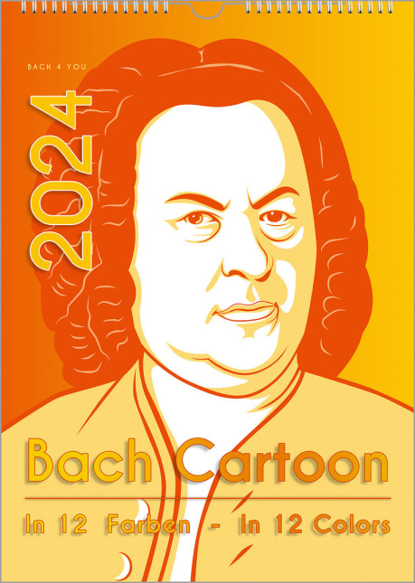 Man sieht einen gelb-orangenen Cartoon von Bach, dem Portrait von Haußmann nachempfunden. Unten liest man "Bach-Cartoon" auf der linken Seite ist die Jahreszahl.