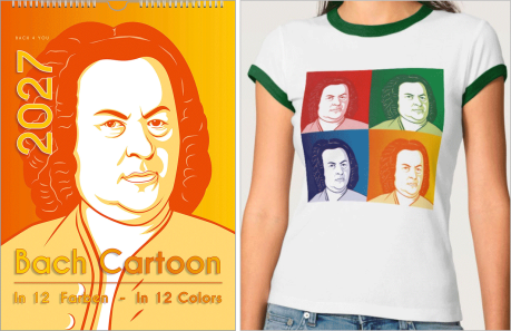 Man sieht einen gelb-orangenen Cartoon von Bach, dem Portrait von Haußmann nachempfunden. Unten liest man "Bach-Cartoon" auf der linken Seite ist die Jahreszahl.