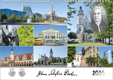 Ein Bach-Kalender präsentiert in 8 Bildern Motive aus Bachstädten. Unten ist die Unterschrift Bachs, sein Wappen und die Jahreszahl in einem weißen Feld.