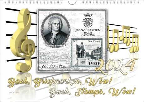 Man sieht einen Bach-Kalender in weiß und grau und gold: In der Mitte ist eine graue Bach-Briefmarke, links ein auffälliger Notenschlüssel, unten der Kalender-Titel, rechts die Jahreszahl.
