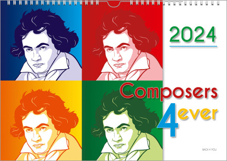 Der Komponisten-Kalender mit dem Titel "Composers 4 ever" zeigt links 4 gleiche Cartoons von Beethoven als Quadrat angeordnet. Rechts oben ist die Jahreszahl, darunter im weißen rechten senkrechten Rand der erwähnte Titel.