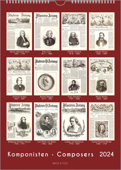Ein roter Untergrund ergibt mit 12 Repros von schwarz-weißen historischen Zeitungstiteln einen Komponisten-Kalender: unten stehen auch der Titel und die Jahreszahl in großer Schrift.