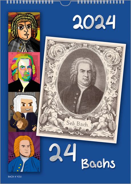 Ein Bach-Kalender im Hochformat. Links sind vier Quadrate mit coolen Porträts von Bach im Cartoonstil. Rechts ist schräg auf dunkelblauem Untergrund ein historisches Motiv von Bach, ein Holzstich in leichtem Beige. Oben rechts ist die Jahreszahl, unten re