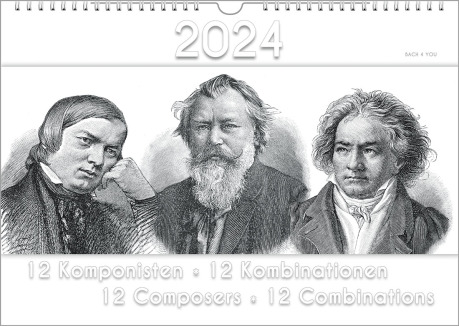 Auf der Seite für Peter Bach sieht man ein schwarzweißes Kalender-Titelblatt. Oben ist die Jahreszahl, in der Mitte sind alte Stiche von Schubert, Brahms und Beethoven, unten ist der Titel: "12 Composers - 12 Combinations".