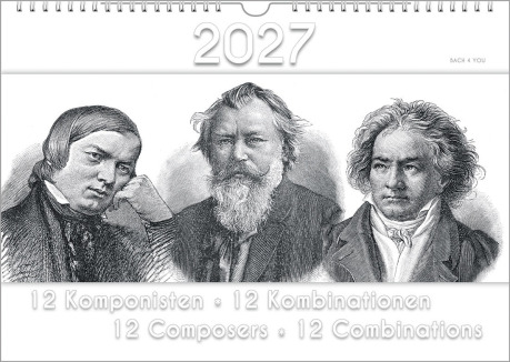 Auf der Seite für Peter Bach sieht man ein schwarzweißes Kalender-Titelblatt. Oben ist die Jahreszahl, in der Mitte sind alte Stiche von Schubert, Brahms und Beethoven, unten ist der Titel: "12 Composers - 12 Combinations".