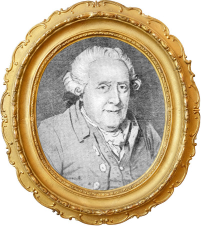 Wilhelm Friedemann Bach: Es ist ein schwarzweißes Portrait von ihm als älteren Menschen in einem goldenen barocken ovalen Rahmen. WFB trägt eine Perücke.