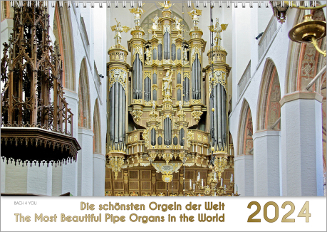 Orgelkalender-Titel und Orgelkalender Monat Juli. Unten 10 % und rechts 10 % Fläche sind weiß0, rechts ist das Kalendarium senkrecht. Unten steht der Name der Kirche und die passende Stadt. In der Mitte des Motivs sieht man eine barocke Orgel in gleißende