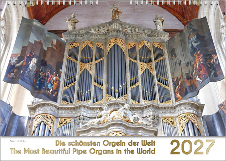 Ein Orgelkalender und zwar das Titelblatt. Im riesigen oberen Teil ist eine goldene Orgel, deren Pfeifen blau angestrahlt sind. Unten ist auf einem Zehntel der Höhe ein weißes Feld. Rechts ist eine große Jahreszahl, links der Titel in 2 Sprachen.