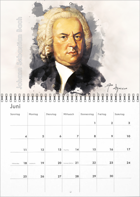 Kein Orgelkalender, sondern ein Komponisten-Kalender ist abgebildet. Es ist ein Kalender im US-Stil, also oben 50 % das schöne Bildmotiv, unten ein Gitter, in der Mitte eine Spirale. Es ist ein Wandkalender. Oben sieht man Bach.