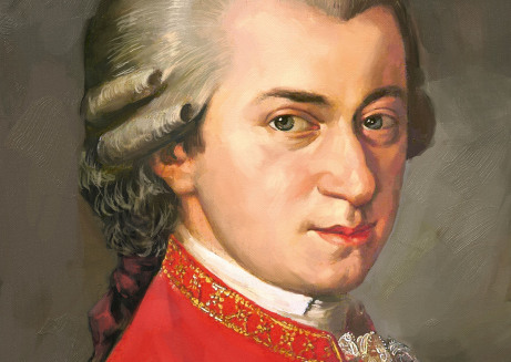 Der junge Mozart in seiner roten Jacke blickt zum Betrachter. Es ist eines der berühmten historischen Porträts. Der Hintergrund ist bräunlich. Mozarts Stirn ist angeschnitten, man sieht noch die erste Schleife seines Hemdes.