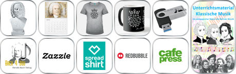 Rund 15 Artikel, T-Shirt, Tasse, Basecap, Tasche, Smartphonehülle ... alle mit dem Musik- oder Bach-Design des Verlags sind auf einem grauverlaufenden Untergrund nebeneinander, manchmal leicht überlappend angeordnet.