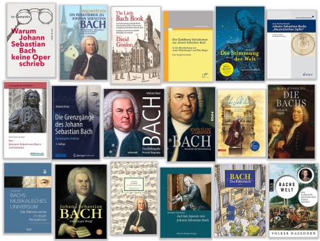 Ein extremes Breitformat ist in vier Hochformate unterteilt. Links sind ein Mann und eine Frau mit Hoodies, auf denen das Bach-Siegel ist. Rechts davon ist ein weißes T-Shirt mit kleinem Siegel. Rechts davon sind zwei Hochformate mit dem Bach-Siegel aus d