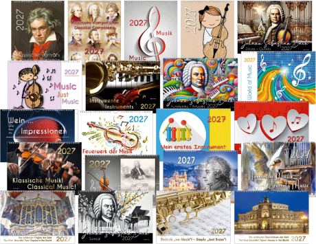 16 verschiedene Kalender sind zu einer Collage auf weißem Grund zusammengestellt. Es sind Bach-Kalender, Musik-Kalender, Orgel-Kalender und Wein-Kalender.