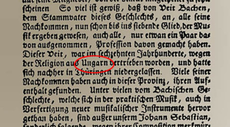 Auf einem leicht vergilbten Untergrund ist ein historischer Text in altdeutscher Schrift. Das Wort „Ungarn“ ist mit einem roten Oval umschlossen.