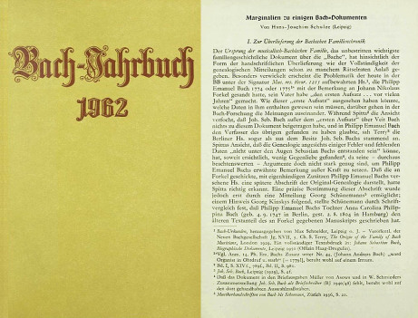 Auf der linken Seite ist das Bach-Jahrbuch 1962, und zwar der Titel. Er ist gelb mit brauner Schrift. Rechts ist die erste Seite eines Artikels mit einer Überschrift.