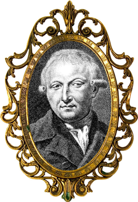 In einem opulenten Barockrahmen in Gold ist zunächst ein Passepartout in Weiß. In einem Oval innen ist in der Mitte ein historisches Foto von Johann Nicolaus Forkel als hochformatiges Oval..