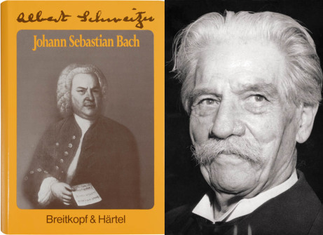 Links ist ein aktuelles Buch in Schwarzweiß mit einem breiten gelben Rand. Es ist die Biografie von Schweitzer über Bach. Rechts ist ein Bild von Albert Schweitzer in Schwarzweiß.