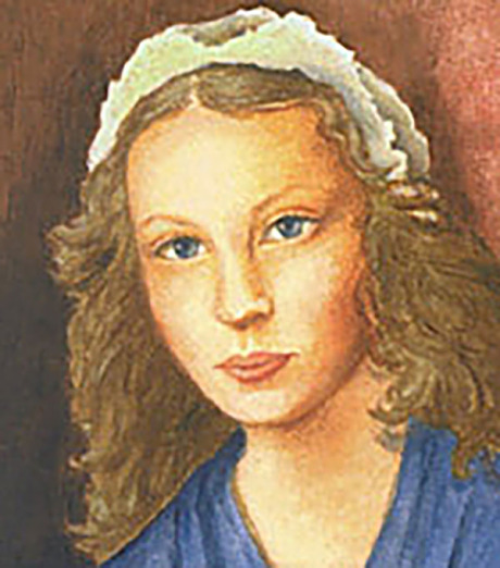 Anna Magdalena Bach ist ein junges Mädchen mit einem weißen Häubchen auf. Sie trägt ein blaues Kleid und schaut den Betrachter an. Es ist ein historisches Gemälde … aber es ist nicht Anna Magdalena Bach: ein Portrait vor rötlichem Hintergrund
