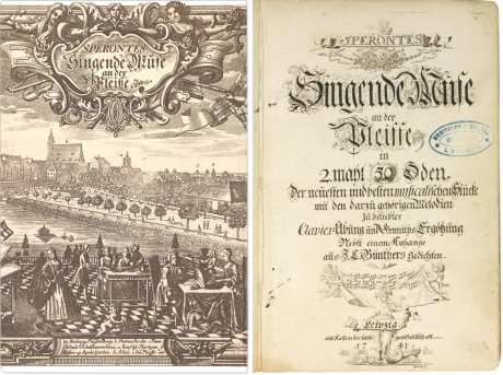 Ein querformatiges Bild: In der linken Hälfte ist das das Buchcover des Titels „Singende Muse an der Pleiße“ mit einem Bild von Anna Magdalena und Johann Sebastian Bach zu sehen. Rechts ist es die erste Innenseite dieser Publikation.