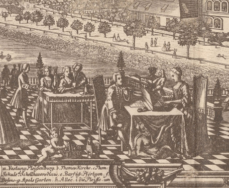 Anna Magdalena sitzt hinter einem tragbaren Cembalo, neben ihr sitzt Johann Sebastian Bach. Nur zwei Tische sind sichtbar und die Pleiße erkennt man kaum noch. Dass es anna Magdalena Bach ist … dem widerspricht Dr. Eberhard Spree.