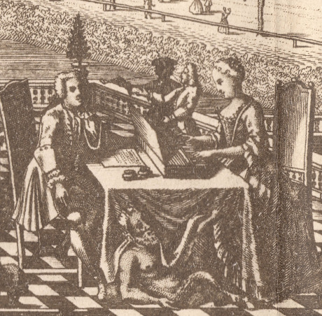 Eine extreme Herausvergrößerung aus dem Bild des Covers „Singende Muse an der Pleiße“. Man sieht nur einen Tisch. rechts sitzt Anna Magdalena Bach hinter einem tragbaren Cembalo. Ihr gegenüber sitzt J.S. Bach.