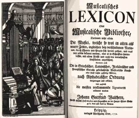 Auf der linken Seite sieht man einen Musiker an der Orgel. Links ist die Orgel. Im Hintergund stehen mehrere Personen. Rechts ist das Titelblatt des „Musicalischen Lexicons".