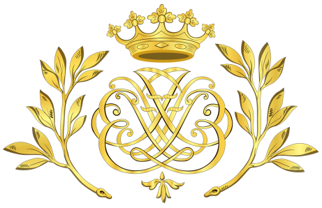 Das Bach-Logo, wie man es von der Innenseite des Deckels in Bachs Putz-Schrank kennt. In der Mitte die sechs Buchstaben, rechts und links Lorbeerzweige, oben die Krone mit 5 Zacken.