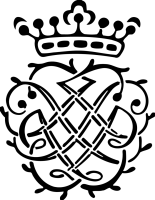 Es ist das Bachs Zeichen in der historischen Version. Ein schwarzes Bach-Monogramm auf weißem Grund: Es sind die drei Buchstaben J, S und B, zweimal, und die Krone mit sieben Zacken.