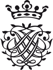 Bachs Zeichen, in der Version seit 2009. Unten ist ein Geflecht von zweimal den Buchstaben J, S und B, sowie Blattranken. Darüber ist die Krone mit 5 Zacken. Das Zeichen ist schwarz, es ist auf weißem Grund.