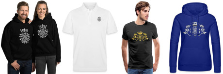 Auf vier Bildern sieht man zweimal Menschen, zweimal ist es ein pures T-Shirt, beziehungsweise ein Hoodie. Alle Kleidungsstücke haben Bachs Zeichen als Design.
