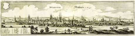 Ein extrem breiter Merian-Stich zeigt Mühlhausen im 17. Jahrhundert.