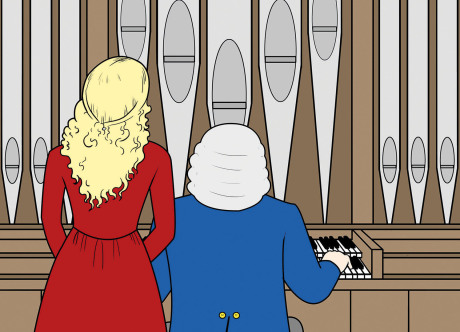 Auf einer angemalten Zeichnung sieht man zwei Personen von der Rückseite. Links steht eine Frau mit goldenem Haar und rotem Kleid. Rechts sitzt Johann Sebastian Bach in einem blauen Frack an der Orgel, die man im Hintergund sieht.